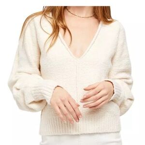 Free People Reverie V Neck Sweater in Vanilla Ivory Cream Oversized Sz XL